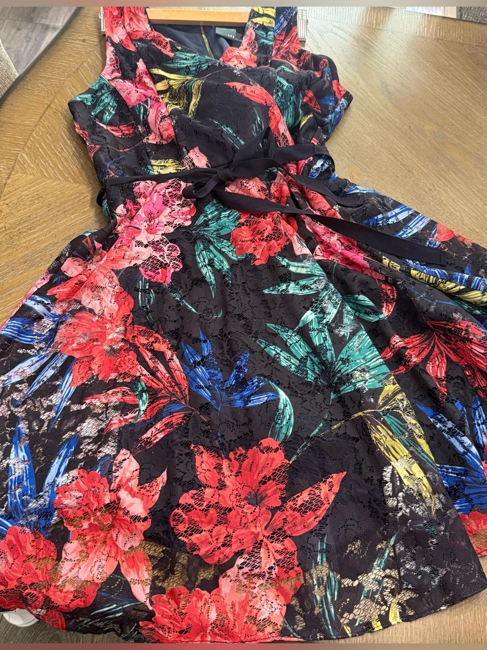Gabby Skye Black Floral Fit-and-Flare Dress with Red, Pink, Green & Blue Accents